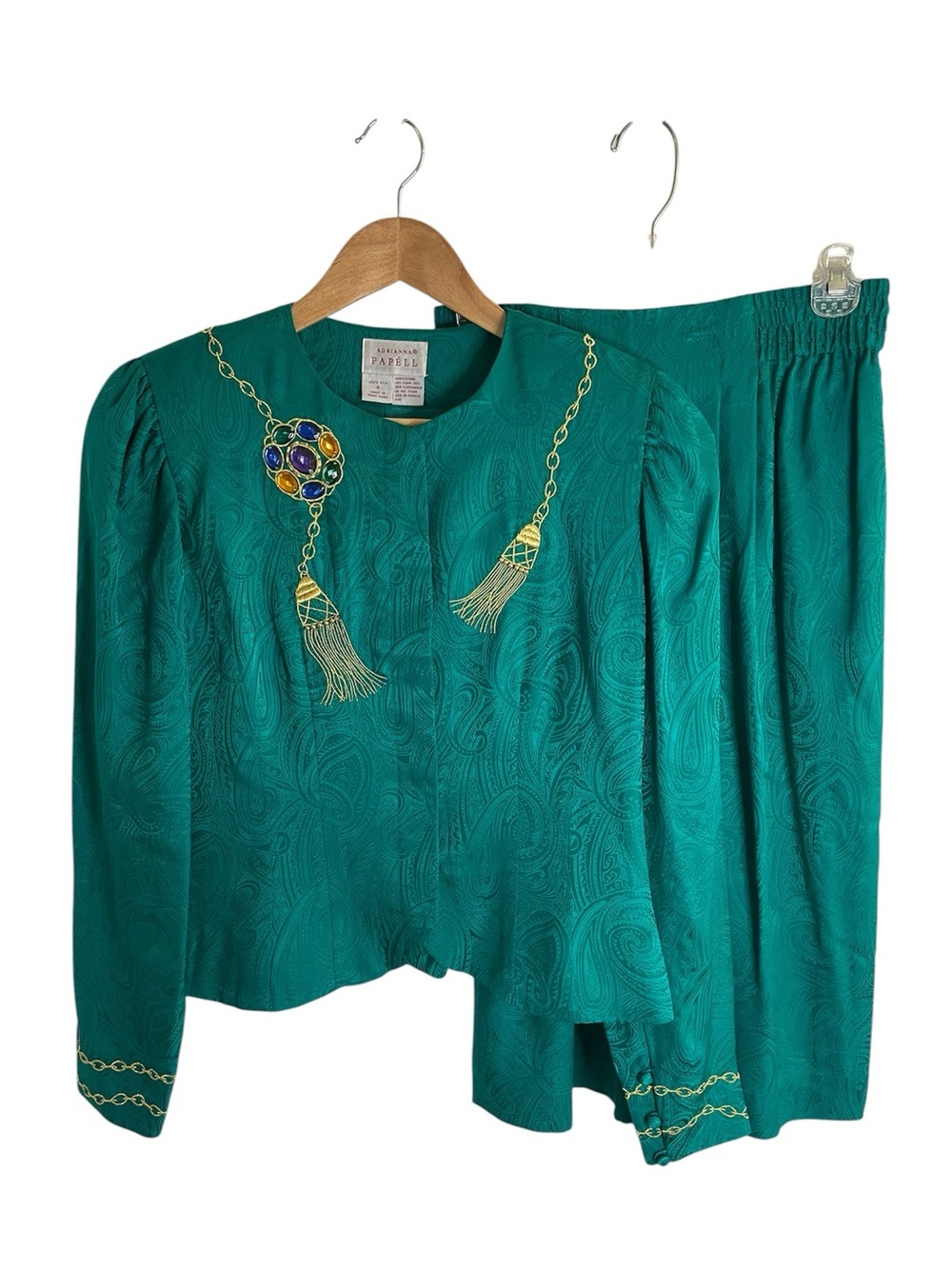 Adrianna Papell Teal Silk Jacquard Suit Jacket Skirt Size 6 Chain Detail vtg